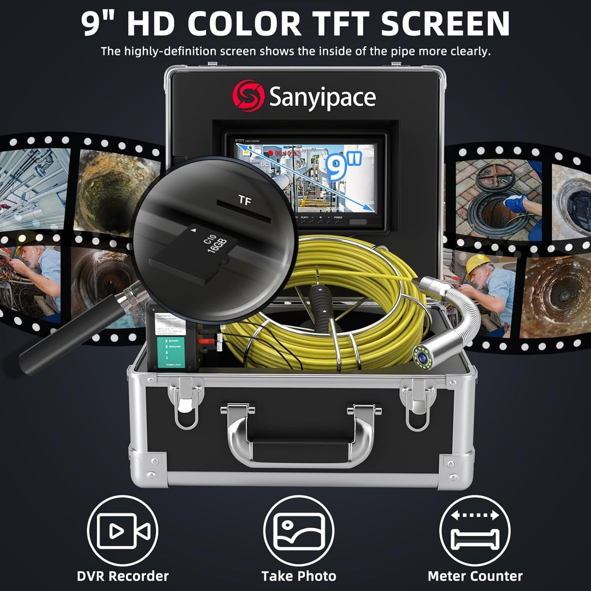 Sanyipace Buiscamera, 30 m, endoscoopcamera met licht, 9 inch scherm, buiscamera met DVR, IP68 waterdicht, industriële endoscoopcamera, afstandenteller, 16 GB SD-kaart