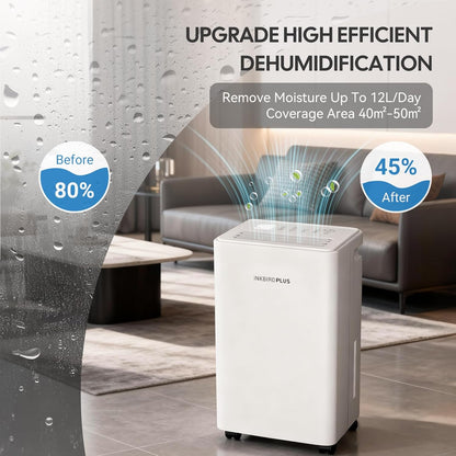INKBIRDPLUS Home Dehumidifier, 12L/D Dehumidifier, 1800ml Water Tank, 3 Levels, Automatic Defrost, Timer and Child Lock, for Bedroom, Baby Room, Wardrobe, Closet, Basement
