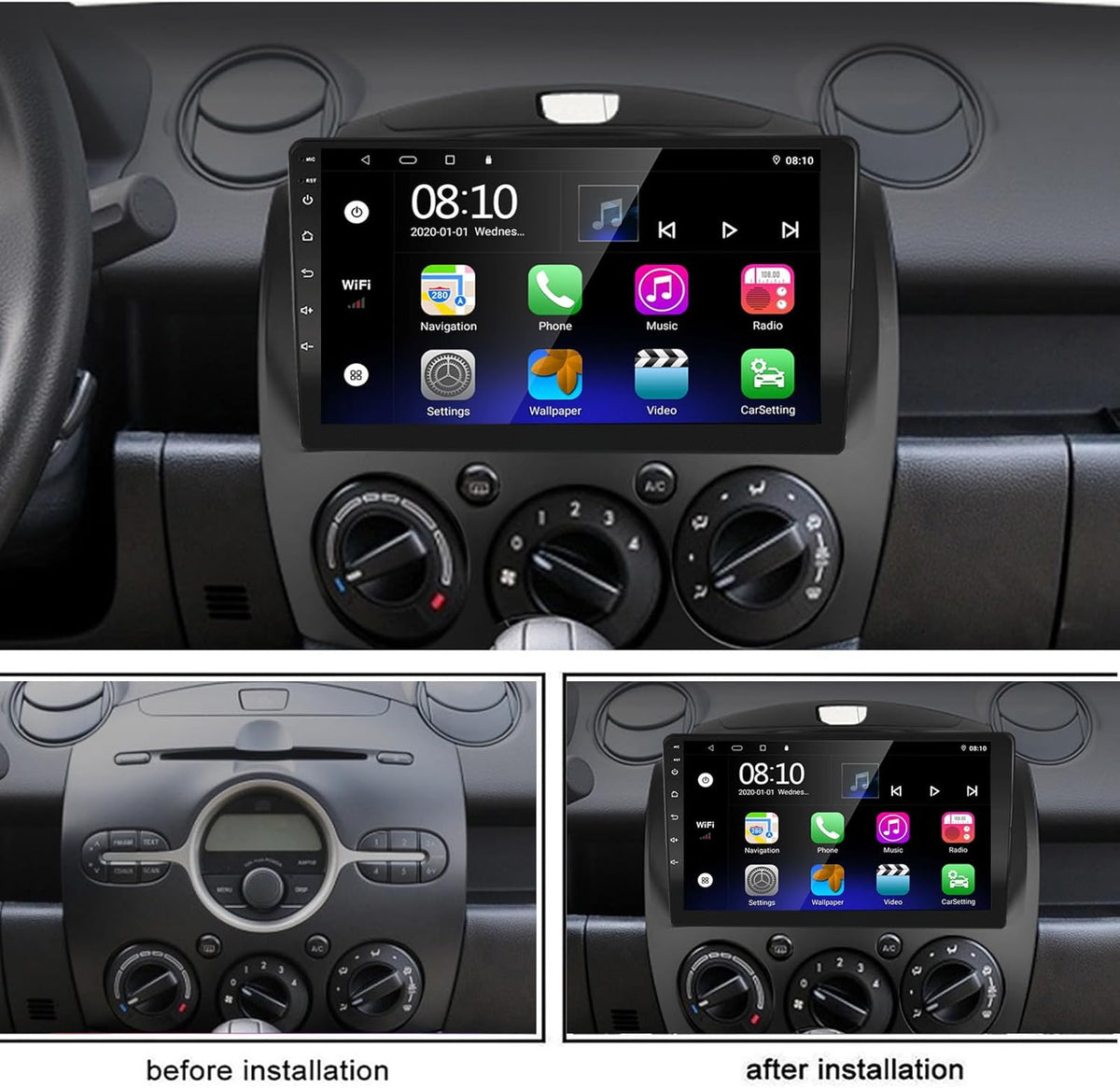 EZoneTronics Carplay Android Auto Radio Stereo voor Mazda 2 2008-2014 met 9 inch touchscreen High Definition GPS-navigatie Bluetooth Wifi USB Mirror Link Stuurbediening Speler