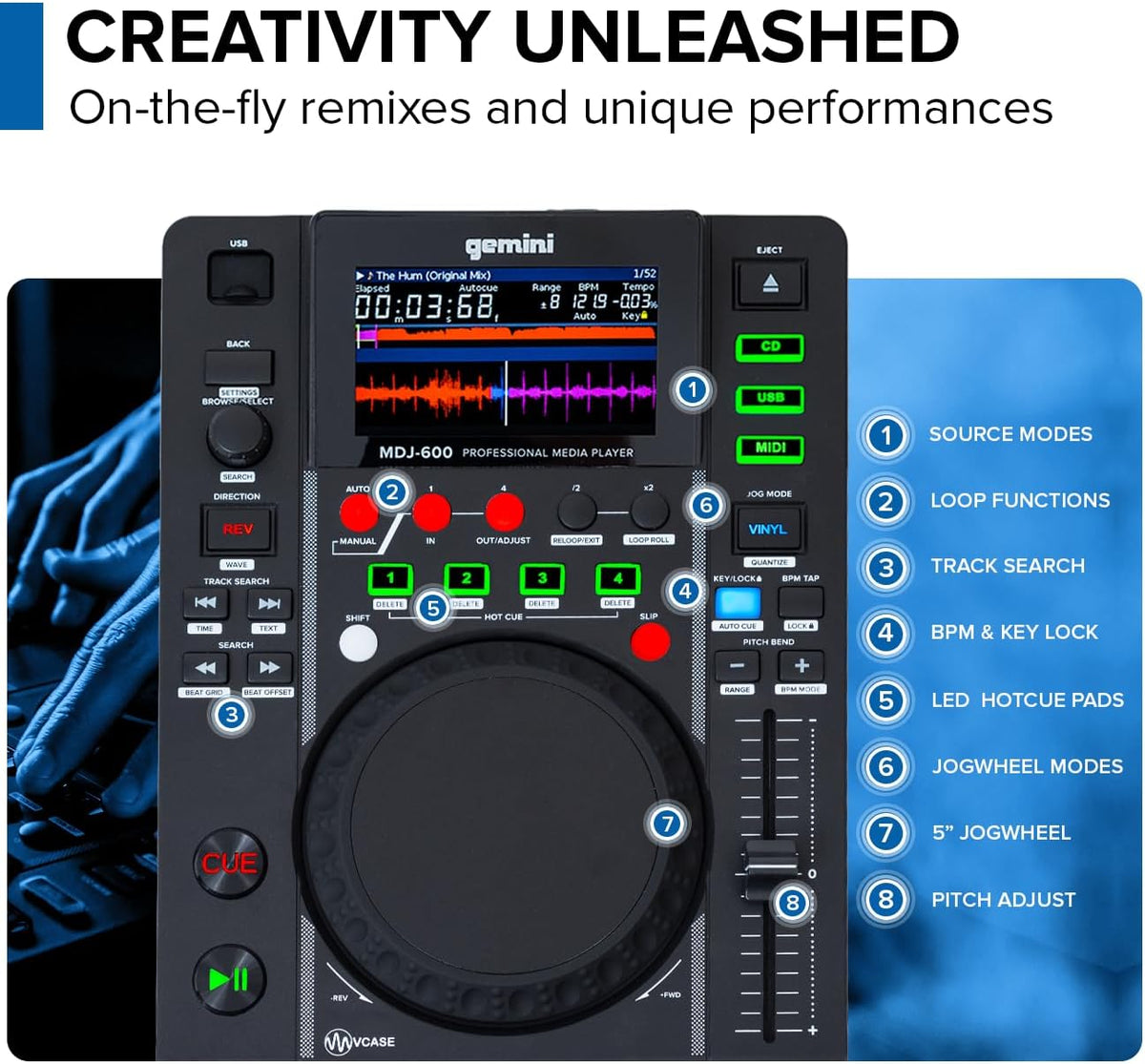 CD- en USB MIDI-mediaspeler – DJ Mediaspeler – USB Mediaspeler – CD-Speler – MIDI-Controller – Zwart – 4,3 Inch Full-Colour Display – 24-Bit/192 kHz Geluidskaart
