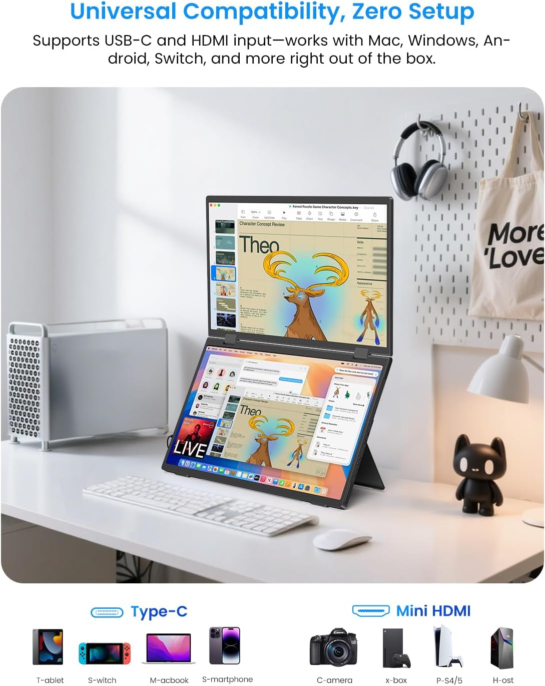 EVICIV Portable Monitor 15.6 inch Foldable Dual Screen 100% sRGB, With Mini HDMI/UBS-C Connection/Integrated Speaker For Laptop/PC/Phone/Game Consoles - QUORE