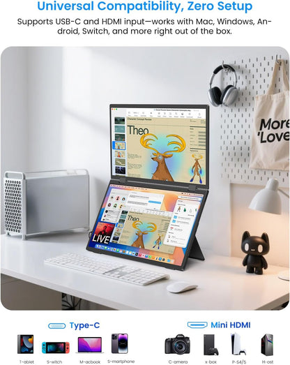 EVICIV Portable Monitor 15.6 inch Foldable Dual Screen 100% sRGB, With Mini HDMI/UBS-C Connection/Integrated Speaker For Laptop/PC/Phone/Game Consoles - QUORE