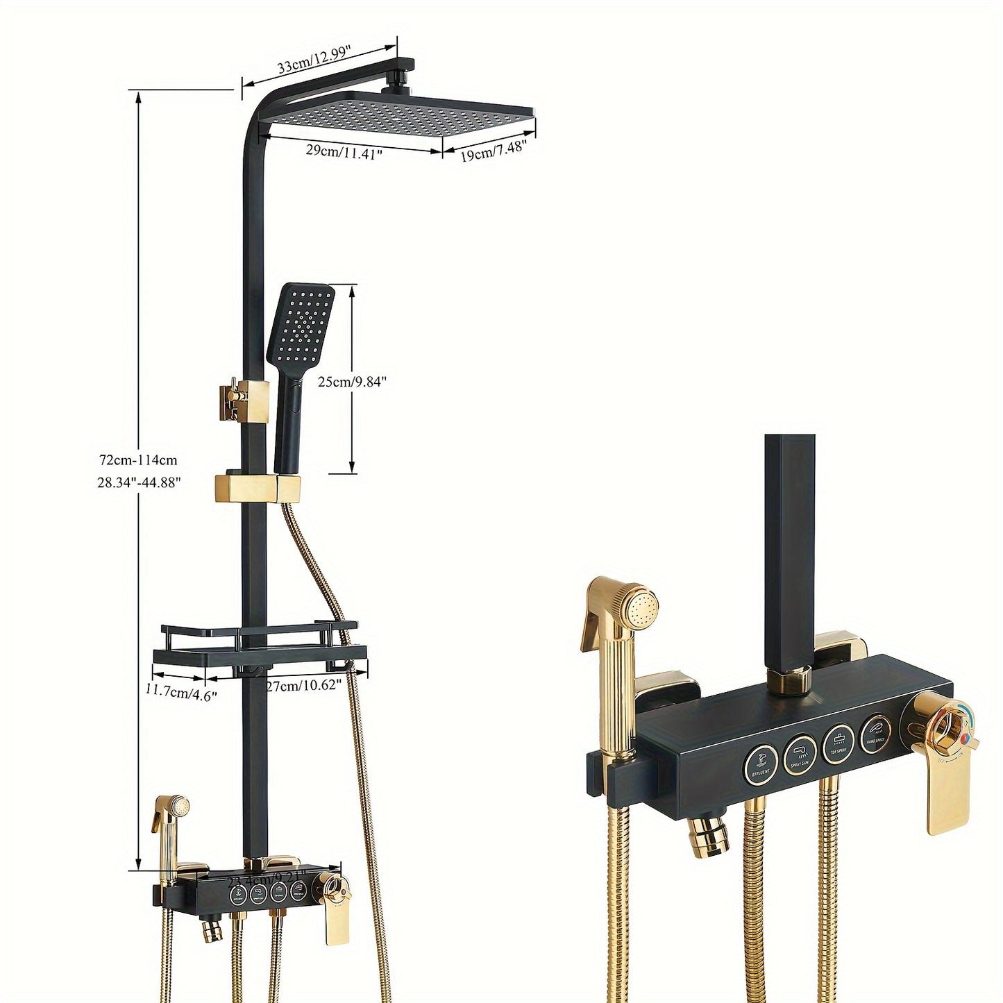 Regendouche – Douchesysteem – Douchekop – Handdouche – Waterval Douche – Zwart-Gouden Afwerking – Messing Materiaal – Thermostatische Mengkraan