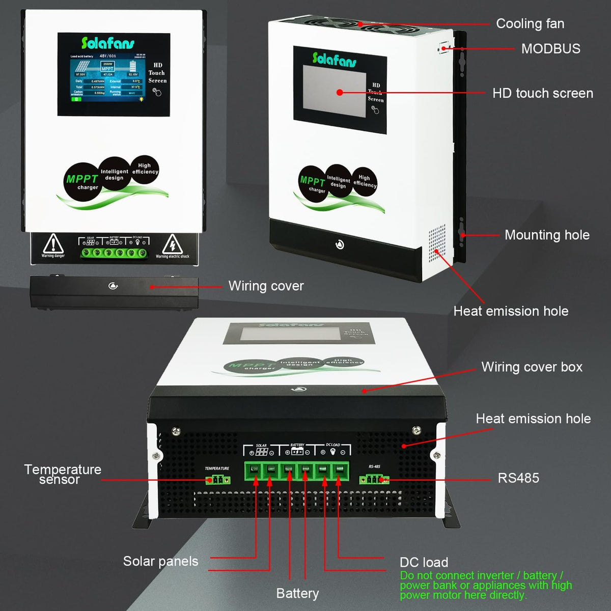80A 90A MPPT Controller 4.3 inch HD Touchscreen PV DC150V 12V/24V/36V Dode Batterij Reactivatie Meertalig met Bluetooth (48V 80A RS485)