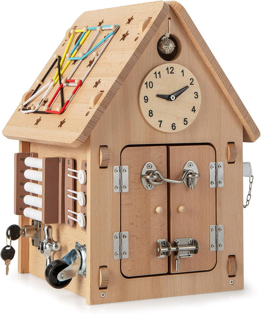 FANTASK Speelhuis voor kinderen, entertainmenthuis met zintuiglijke speeltjes en opbergruimte binnenin, Montessori-speelgoed, motoriekspeelgoed voor jongens en meisjes vanaf 3 jaar