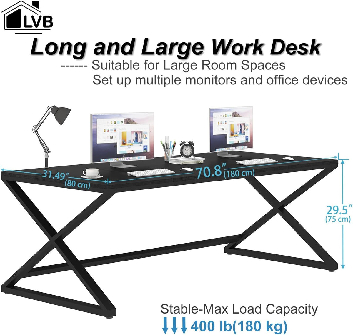 LVB Bureau, moderne grote computertafel voor thuiskantoor, houten tafel, werktafel, computertafel voor schrijven en leren in de slaapkamer, eenvoudig gamingbureau, zwart