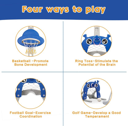 4-in-1 Basketbalstandaarden - Basketbalpaal - Basketbalring - voor Kinderen - Peuters - In Hoogte Verstelbaar - Voetbaldoel Ring - Golf - voor Binnen - Buiten - Sportspeelgoed - Cadeaus - 152 cm - Blauw