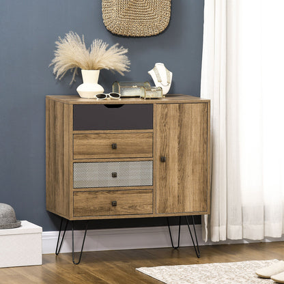 Opbergkast – Ladeblok – Dressoir – Kastje – Buffetkast – Boho Stijl – 4 Lades + 1 Kast – Zwarte Metalen Hairpin Poten – Afmetingen 79x39x86 cm – Bruin Melaminehout