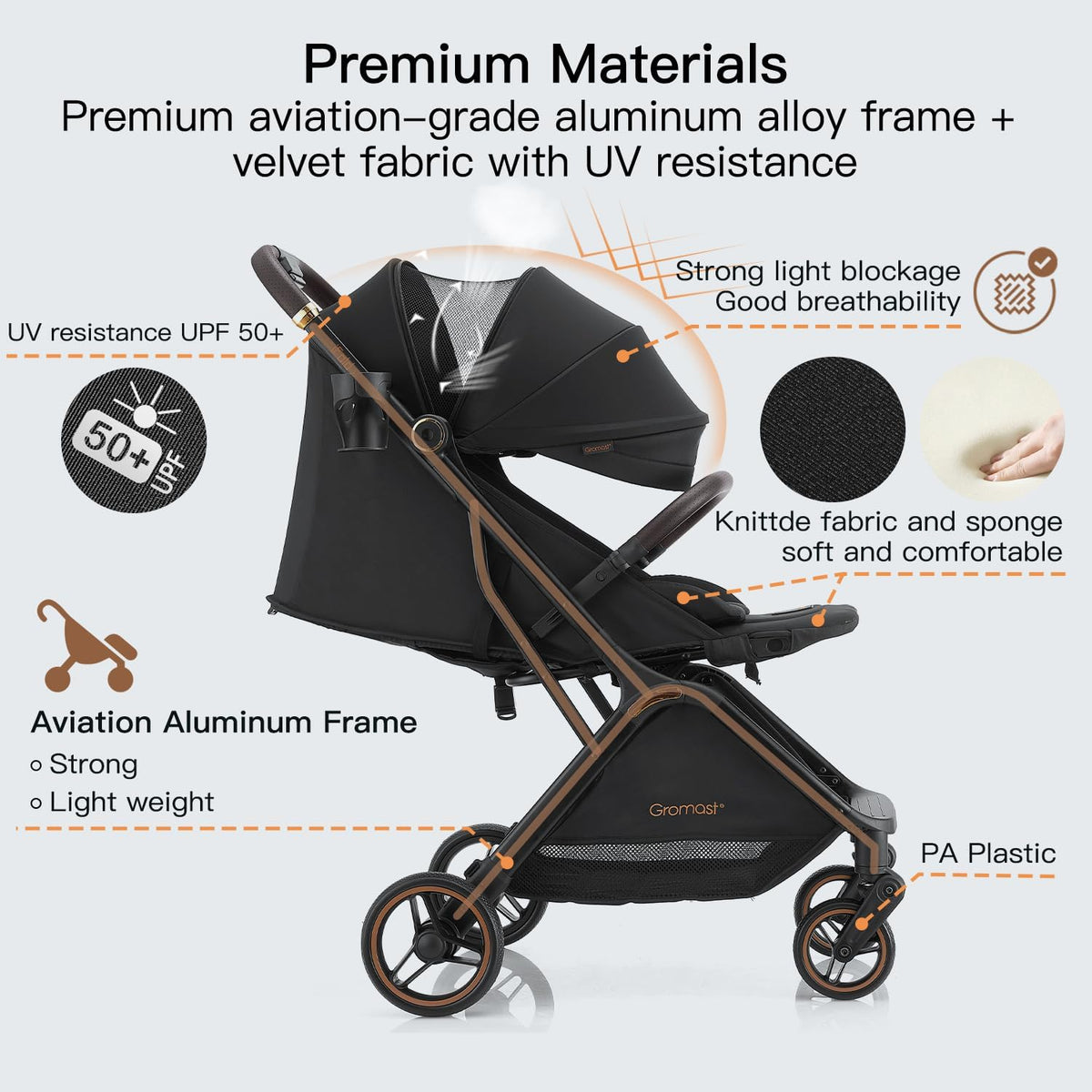 Gromast Gravity Opvouwbare babybuggy met verstelbare rugleuning en zonnedak, lichtgewicht en uv-bescherming, met één hand automatisch inklapbaar, zwart