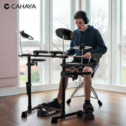 CAHAYA E-drumset met mesh-vacht: Dual Trigger Pads en 350 geluiden – elektronisch drumstel met grote 8 inch snare pad, complete set met drumkruk, hoofdtelefoon, sticks – voor beginners en kinderen