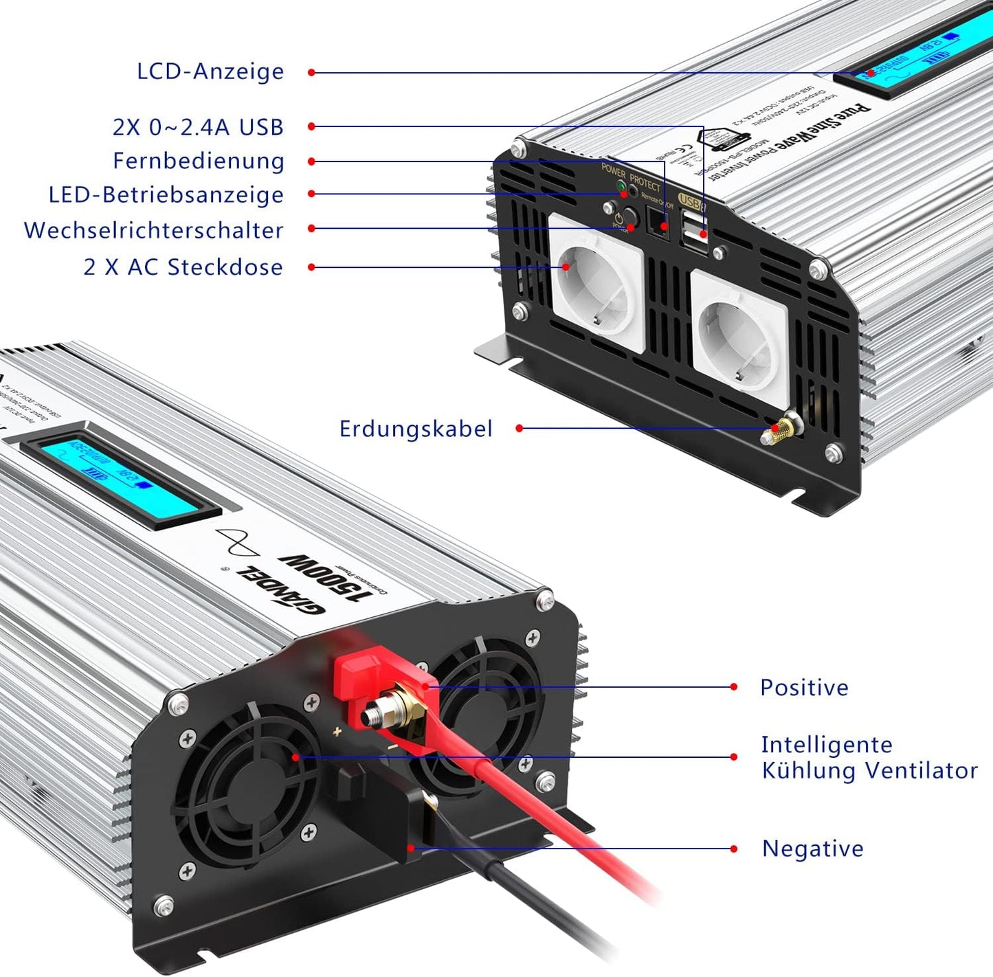 GIANDEL 1500 W zuivere sinus omvormer, DC 12 V naar AC 230 V, spanningsomvormer, power inverter met 2,4 A dubbele USB-poorten en afstandsbediening en lcd-display voor camper vrachtwagen