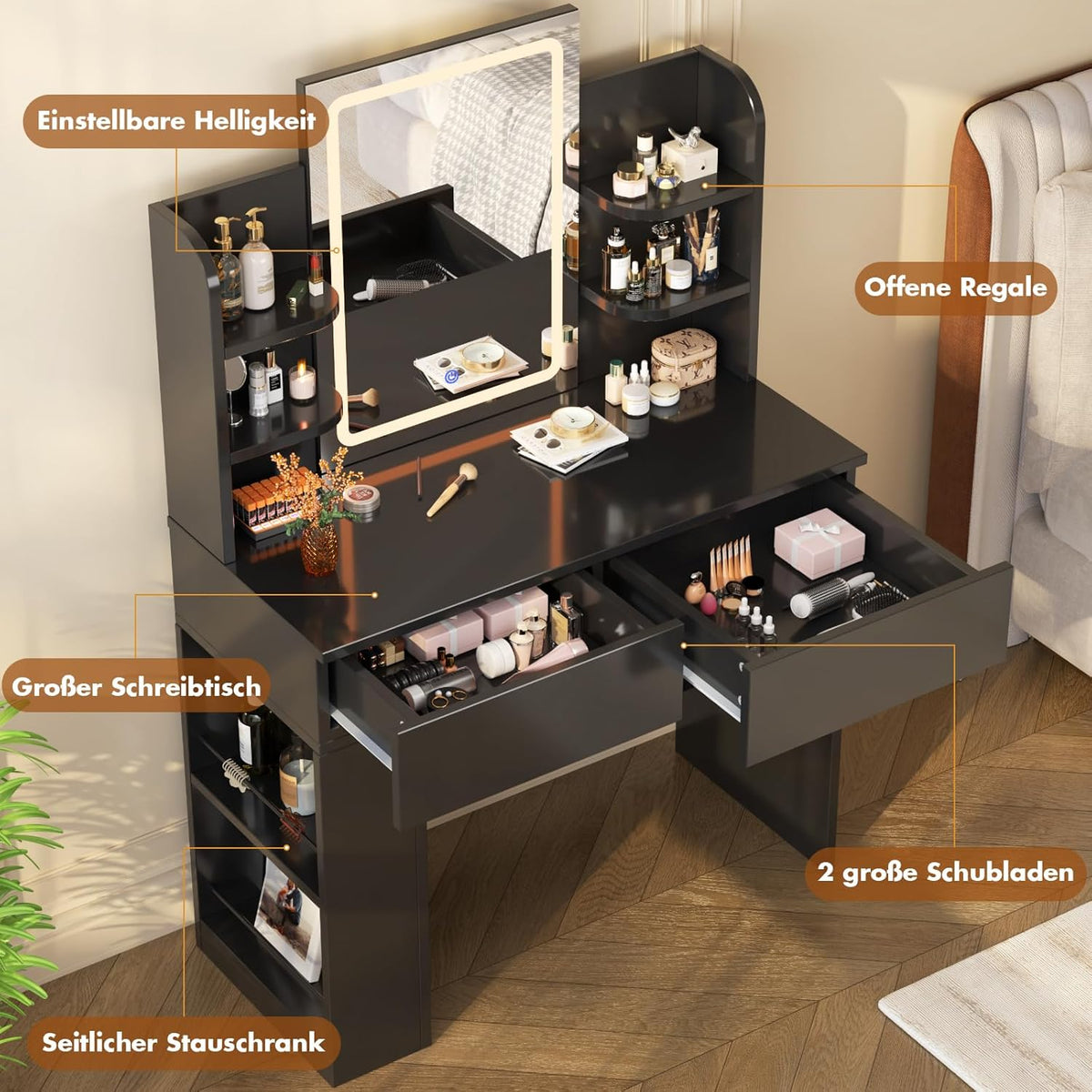 Devoko Dressing Table with Mirror and Lighting,Adjustable Brightness,Makeup Table with 2 Drawers, 4 Shelves, Modern Makeup Desk for Bedroom and Dressing Room (Black, 90 X 40 Centimeters) - QUORE