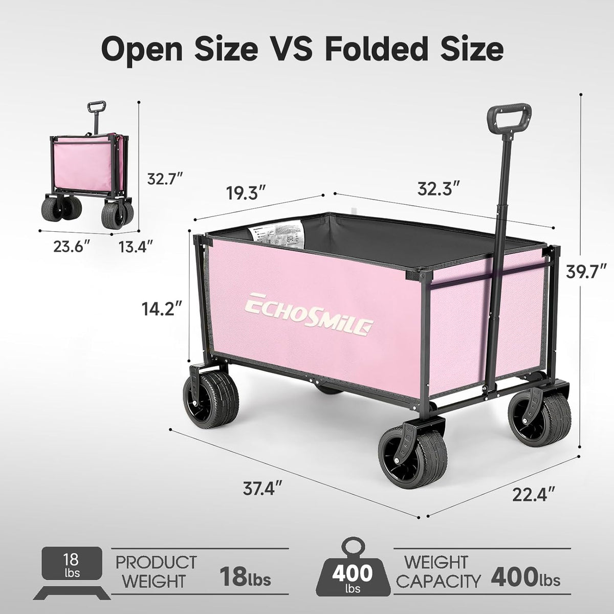 EchoSmile Bolderkar, opvouwbaar, 200 liter, 180 kg belastbaar, handwagen, transportwagen, inklapbaar met verstelbare handgreep, brede wielen, voor alle terrassen, strandwagen, tuinwagen, winkelwagen