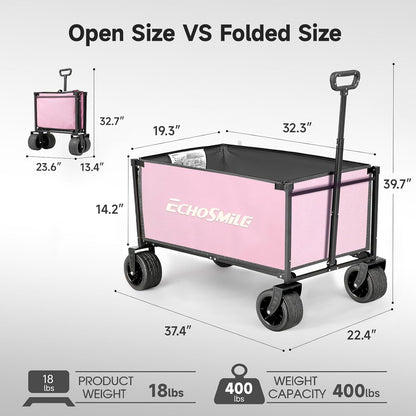EchoSmile Bolderkar, opvouwbaar, 200 liter, 180 kg belastbaar, handwagen, transportwagen, inklapbaar met verstelbare handgreep, brede wielen, voor alle terrassen, strandwagen, tuinwagen, winkelwagen