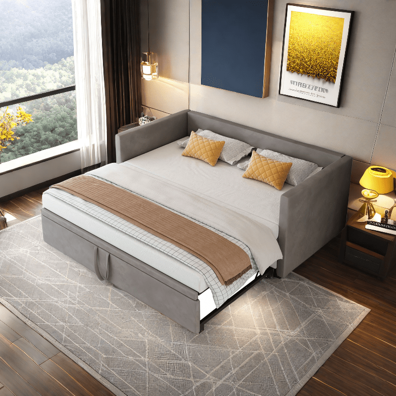 Bedbank – Slaapbank – Uitschuifbaar Bed – Sofa Bed – Tweezits Slaapbank – Uitschuifbaar 90/180x200 cm – Fluwelen Bekleding met Lattenbodem