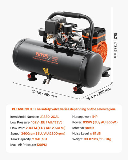 VEVOR Luchtcompressor, 8 l ketel, olievrije persluchtcompressor 860 W, 2,5 CFM, max. 120 PSI druk, 81 dB ultralichte compressor, fluistercompressor voor autoreparatie, bandenvulling, spuitlak