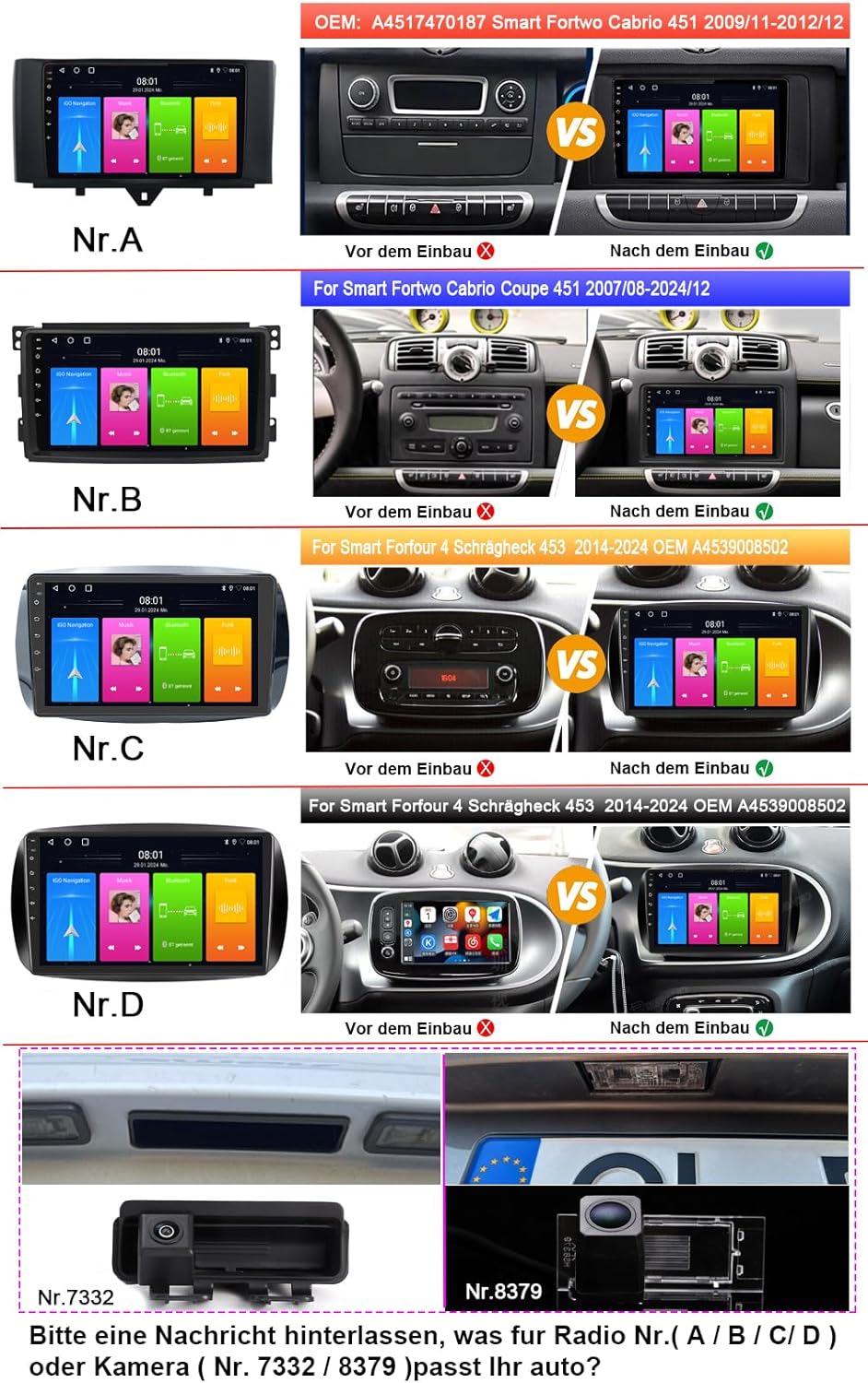 Android autoradio met GPS-navigatie, HD-scherm, touch-display, parkeercamera, nachtzicht, HD achteruitrijcamera voor Smart Forfour 4 Hatchback 453 2014/11-2024/12/Smart Fortwo II Cabriolet Coupe 453