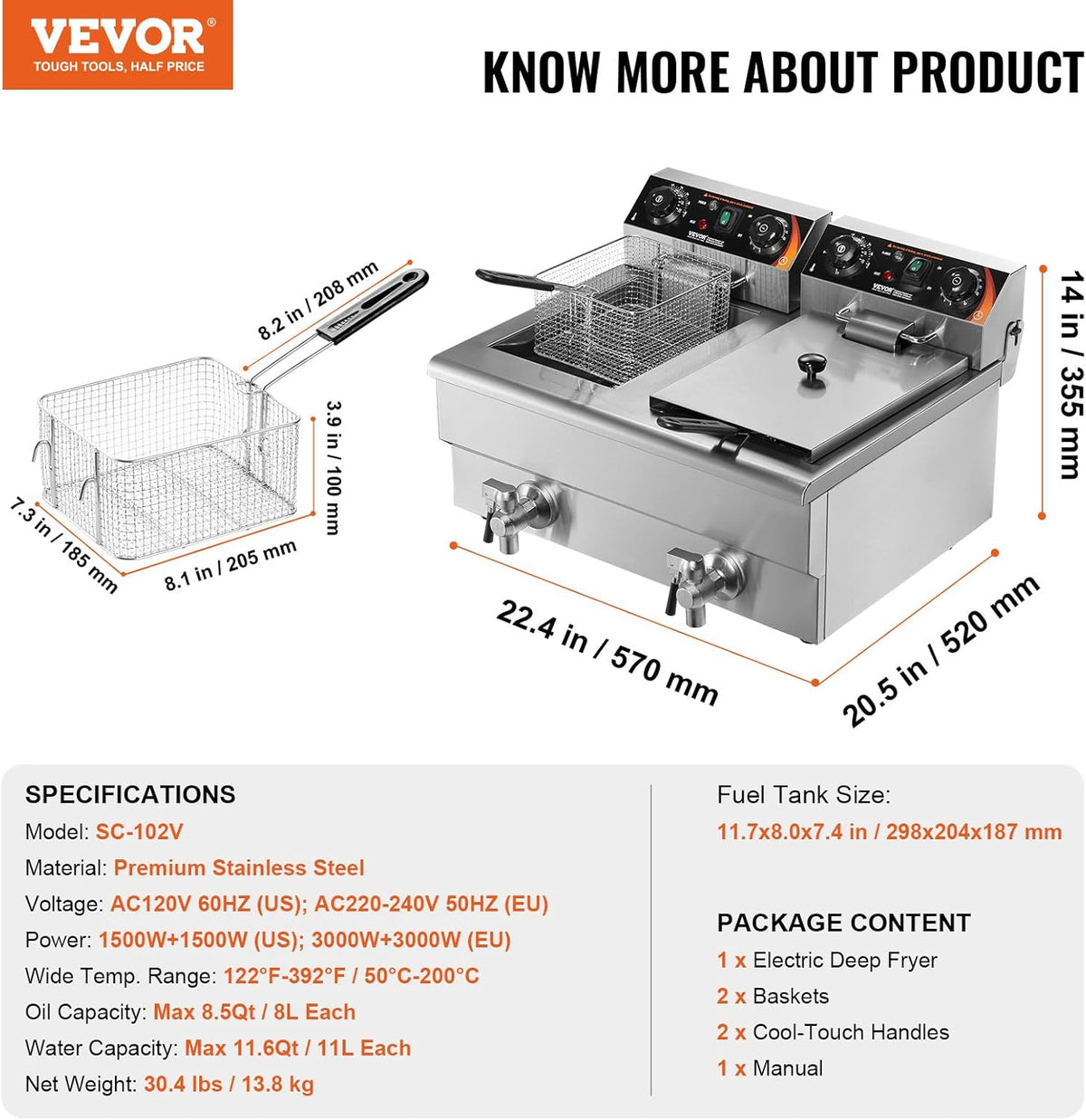 VEVOR Commerciële elektrische friteuse, 2 tanks van 12 l, 6000 W, oliefriteuse, roestvrij staal, met 2 frituurmanden, temperatuur en tijd, verstelbaar, 50-200 °C, voor uienringen, kip, gebakken