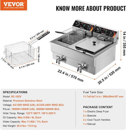 VEVOR Commerciële elektrische friteuse, 2 tanks van 12 l, 6000 W, oliefriteuse, roestvrij staal, met 2 frituurmanden, temperatuur en tijd, verstelbaar, 50-200 °C, voor uienringen, kip, gebakken