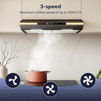 CIARRA CBCB6921 A+ Afzuigkap 60cm onderbouw 3 snelheden 300 m³/u zwart inbouwafzuigkap met touchbediening,afvoerstand en recirculatie afzuigkap met koolstoffilter CBCF011