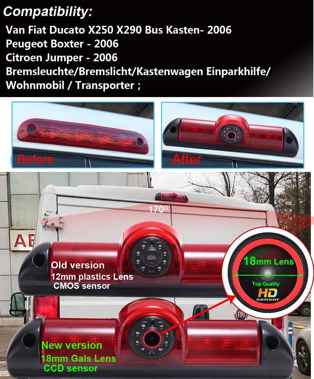 「18 mm lens topkwaliteit achteruitrijcamera + 7 inch TFT LCD-scherm automonitor」remlicht autodak achteruitrijcamera voor Fiat Ducato X250/Peugeot Boxter III AVIS AVS325CPR/Citroen Jumper/Dodge
