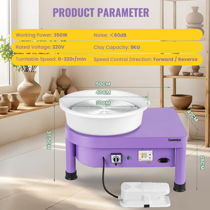 Pottenbakkersschijf – Keramiekdraaischijf – Pottenbakkerswiel – Elektrische Draaischijf – Pottenbakkersplaat Lila – 30 cm Diameter – 350 W Motorkracht - QUORE