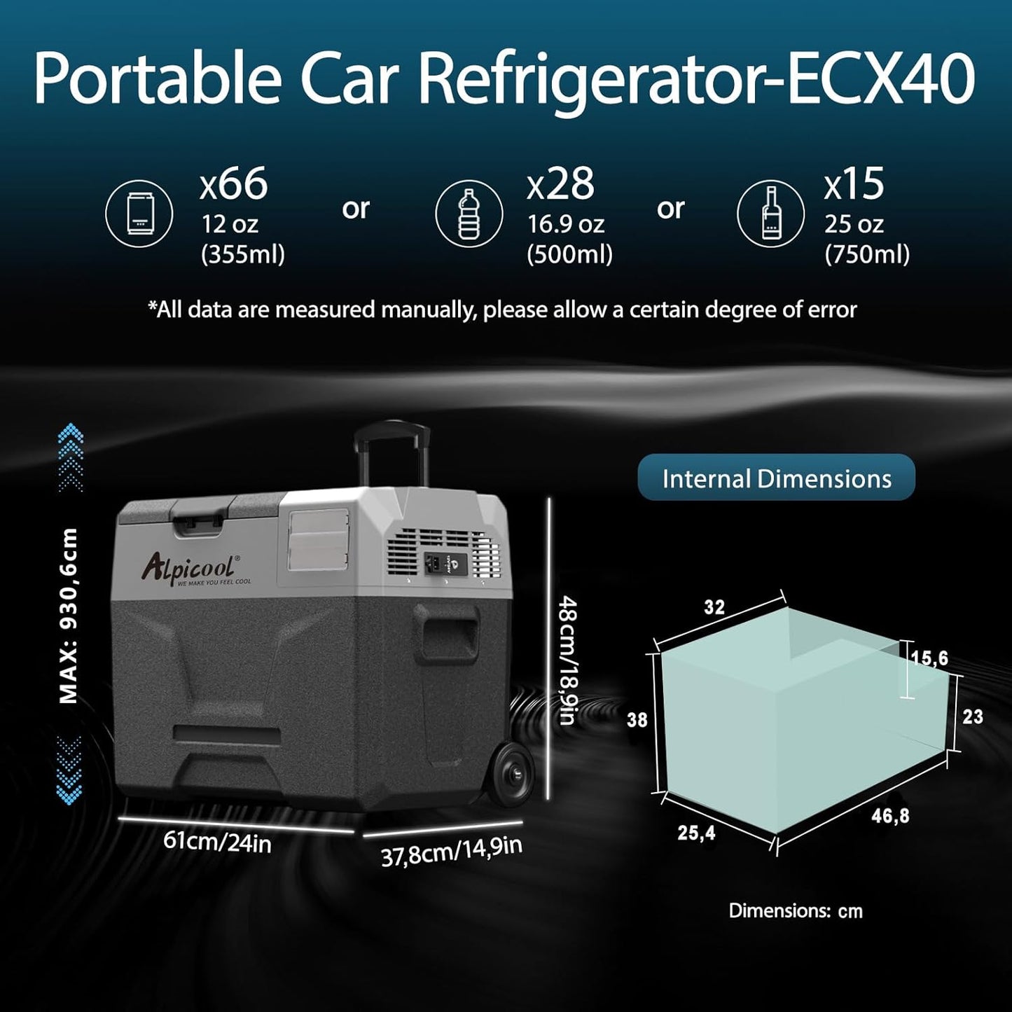 Alpicool ECX40 Compressorkoelbox, 40 liter, 12 V koelbox, elektrische draagbare auto-koelkast voor camping met USB-aansluiting, telescoopstang, wiel, oplaadbaar (batterij niet inbegrepen)