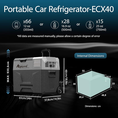 Alpicool ECX40 Compressorkoelbox, 40 liter, 12 V koelbox, elektrische draagbare auto-koelkast voor camping met USB-aansluiting, telescoopstang, wiel, oplaadbaar (batterij niet inbegrepen)