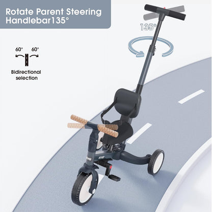 newyoo Tricycle 5 en 1, draisienne à partir de 1 an, avec barre de poussée, pour enfants à partir de 1, 2, 3 ans, avec pédales amovibles et siège réglable, Donkergrijs