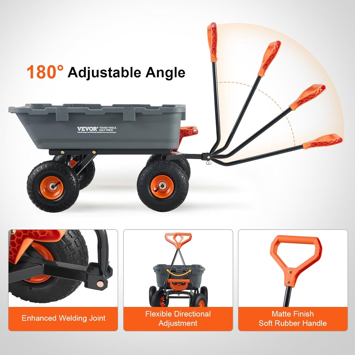 VEVOR 800 lbs Poly Dump Tuin Cart, Heavy Duty Yard Dump Cart Wagon, 4 wiel kruiwagen met 10" banden, 180 ° draaibare handgreep, stalen frame en Quick Release System