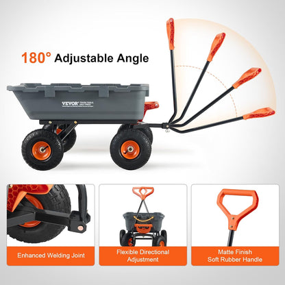 VEVOR 800 lbs Poly Dump Tuin Cart, Heavy Duty Yard Dump Cart Wagon, 4 wiel kruiwagen met 10" banden, 180 ° draaibare handgreep, stalen frame en Quick Release System