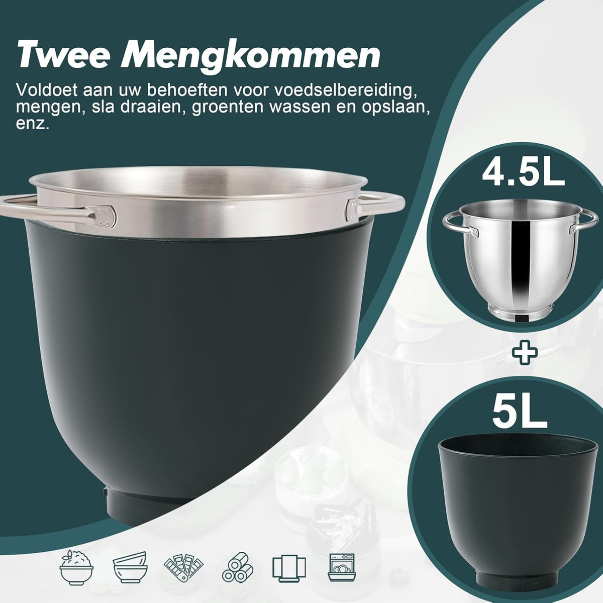 Kitchen in the Box Keukenmachine, 1300W, 10 snelheden, 4.5L + 5L mengkommen, elektrische standmixer met garde, klopper en deeghaak (Donkergroen, 4.5L)