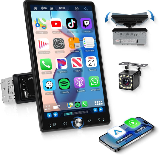 Autoradio, 1 Din met Carplay Android auto, draadloos touchscreen, draaibaar, 10,4 inch stereo, auto, bluetooth radio, FM-spiegel, Link 2 USB-camera