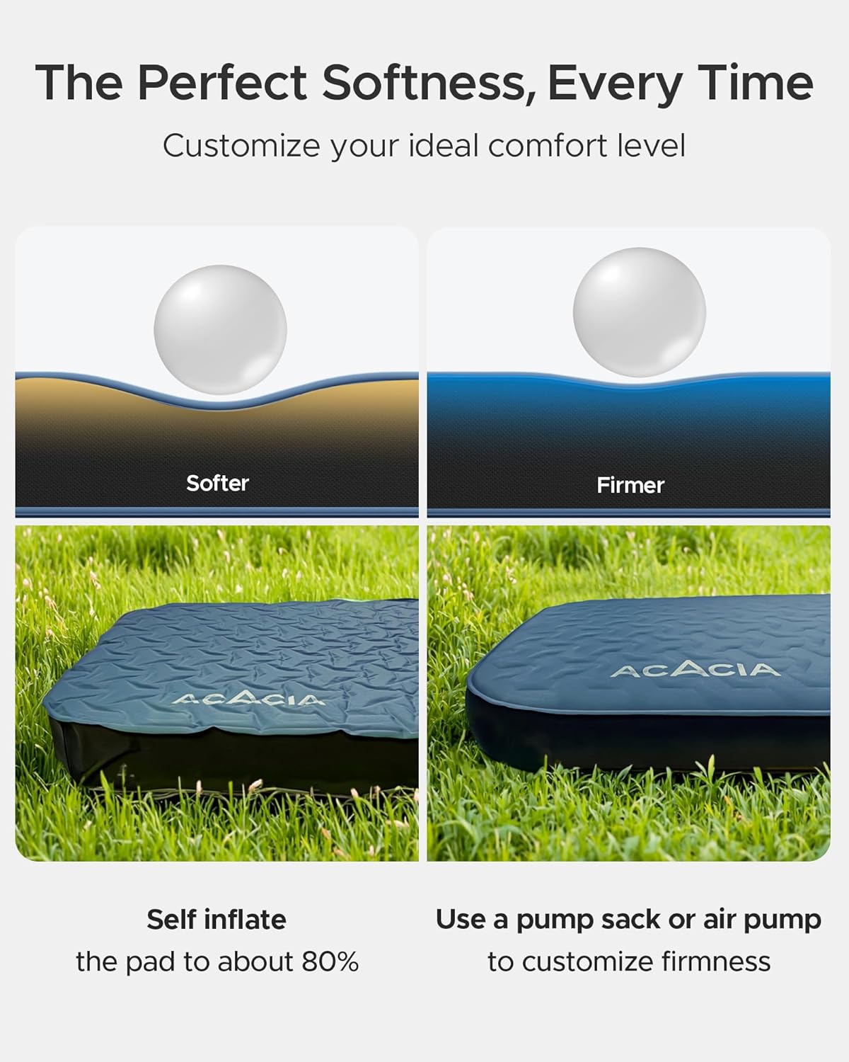 ACACIA 4.3" Thick Self Inflating Sleeping Pad with Foam | Innovative Y-Shaped Telescopic Structure | Ultraportable Camping Mattress | Outdoor Compact Air Mat for Tent Car | Single
