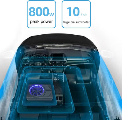 Ultradunne actieve subwoofer voor auto/truck, 10 inch, 800 W, met versterker, sterke bas, frequentie 20 Hz-150 Hz, inclusief bascontroller, met beschermingsfuncties, led-sfeerlicht (regenboog