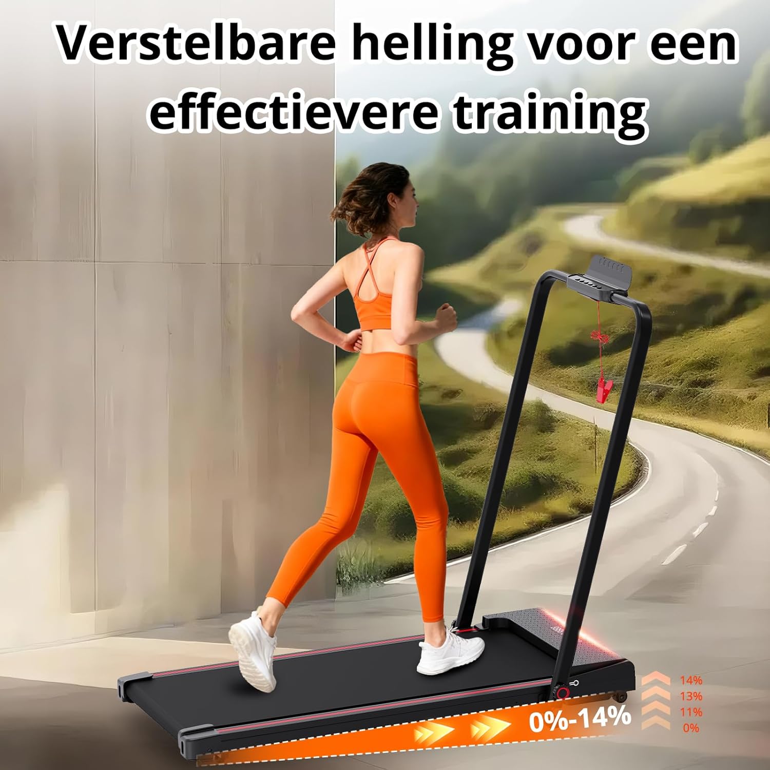 Treadmill & Desk Walking Pad - Electric Folding Under Desk Running Belt - With LCD Display, LED Lights, 1400W Motor, 3 Incline Modes - QUORE