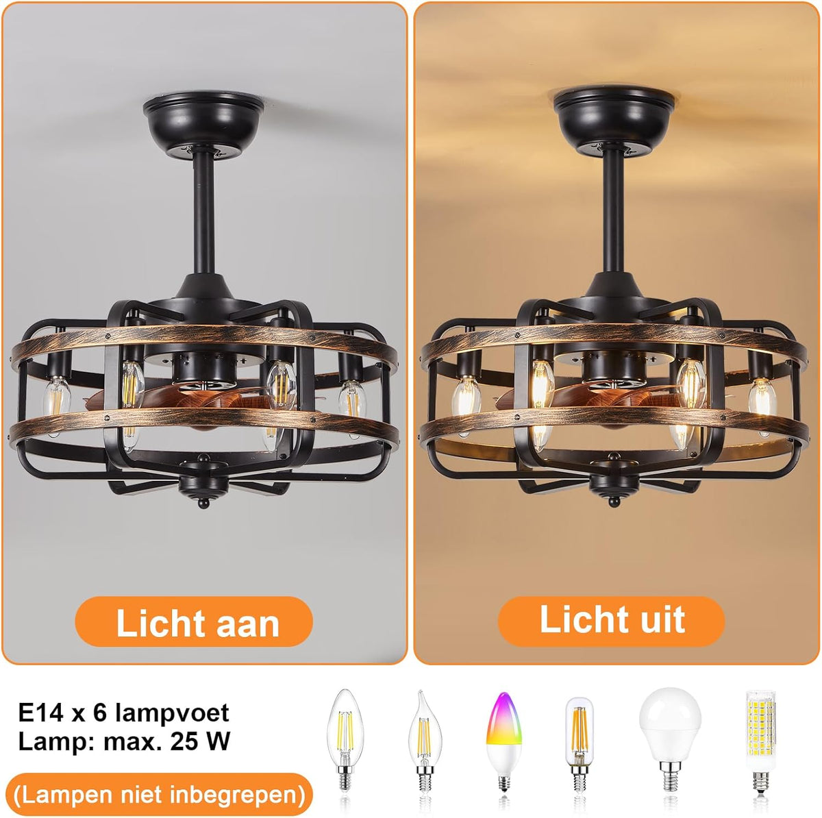 Plafondventilator met Verlichting Industriële Retro, Zwarte Metalen Kooi, Stille 3 Snelheden Reversibel Plafondventilator met Afstandsbediening, Vervangbaar 6x E14 Lamp voor Woonkamer Slaapkamer