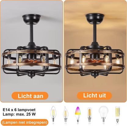 Plafondventilator met Verlichting Industriële Retro, Zwarte Metalen Kooi, Stille 3 Snelheden Reversibel Plafondventilator met Afstandsbediening, Vervangbaar 6x E14 Lamp voor Woonkamer Slaapkamer