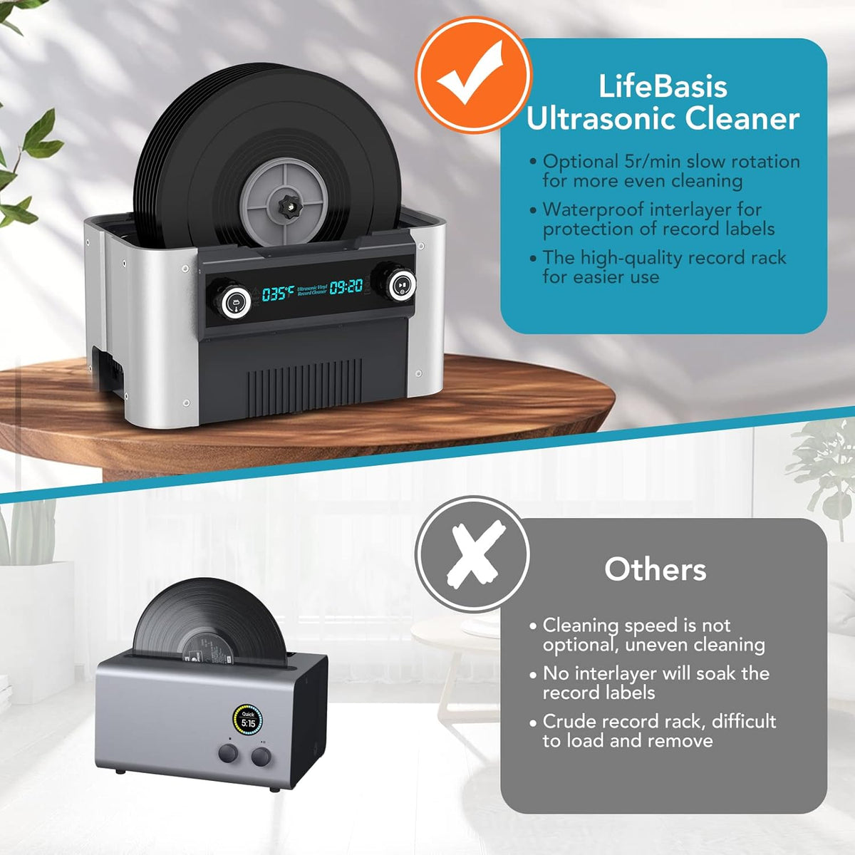LifeBasis Ultrasone reiniger 6 l, 49 kHz Ultrasone Record Cleaner met timer en schijfhouder voor vinylschijf/sieraden/bril, 240 W