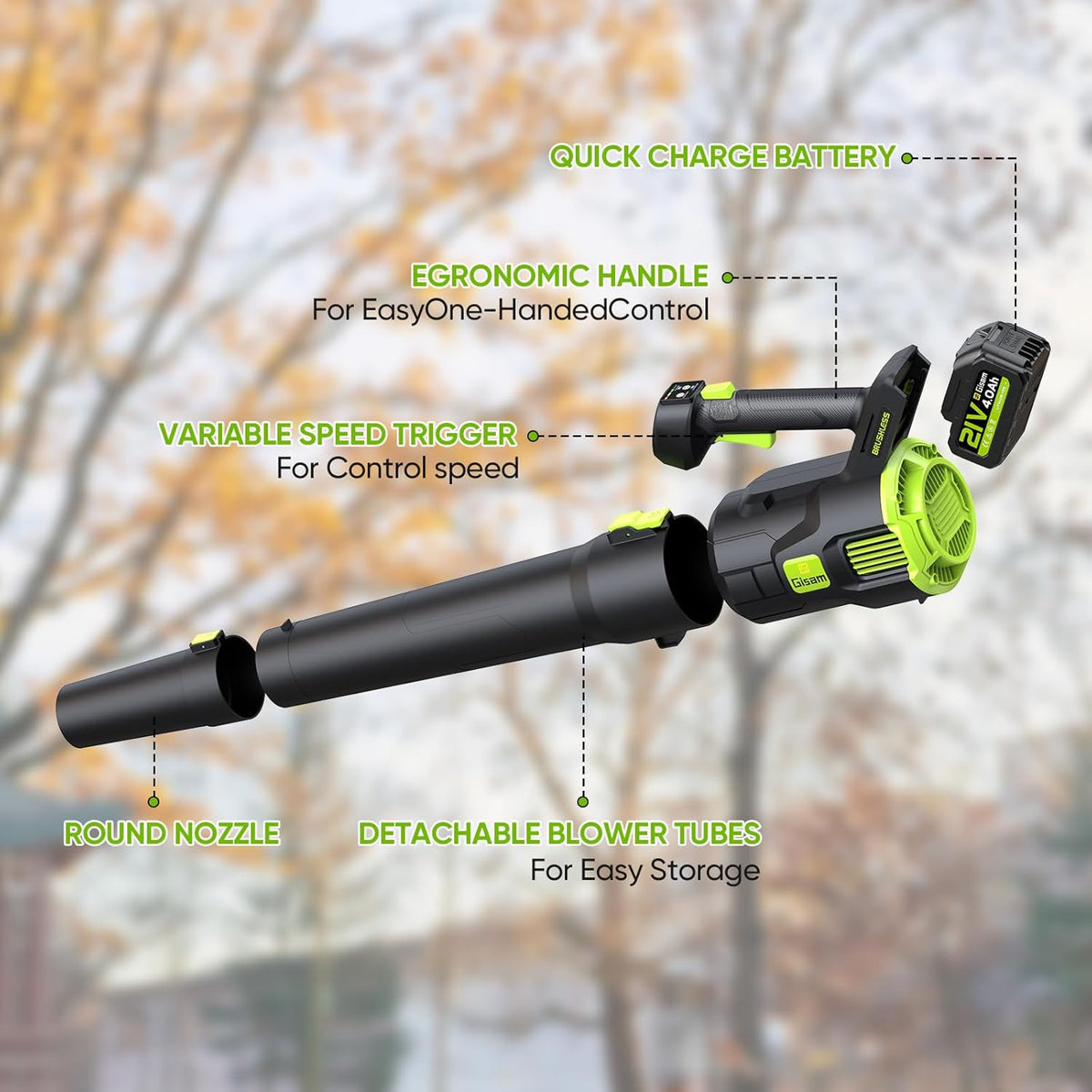 Bladblazer met Accu, Gisam Elektrische Bladblazer Borstelloos met 2x3.0Ah batterijen, Leaf Blower 2 Snelheden + Turbo Schakelaar Max 25000RPM, Luchtvolume 750m³/h, Voor Tuin Gazononderhoud