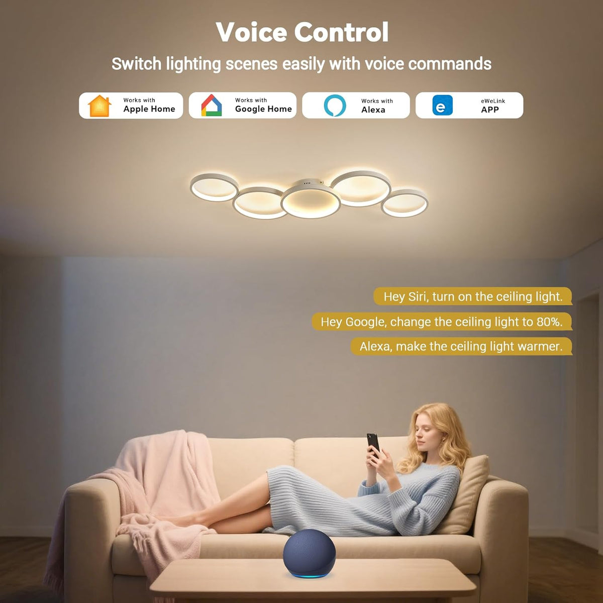 Plafondlamp met afstandsbediening, woonkamerlamp met Matter compatibel met HomeKit, Alexa, Google en IFTTT, 50W moderne LED-plafondlamp voor slaapkamer en woonkamer (100cm, wit)