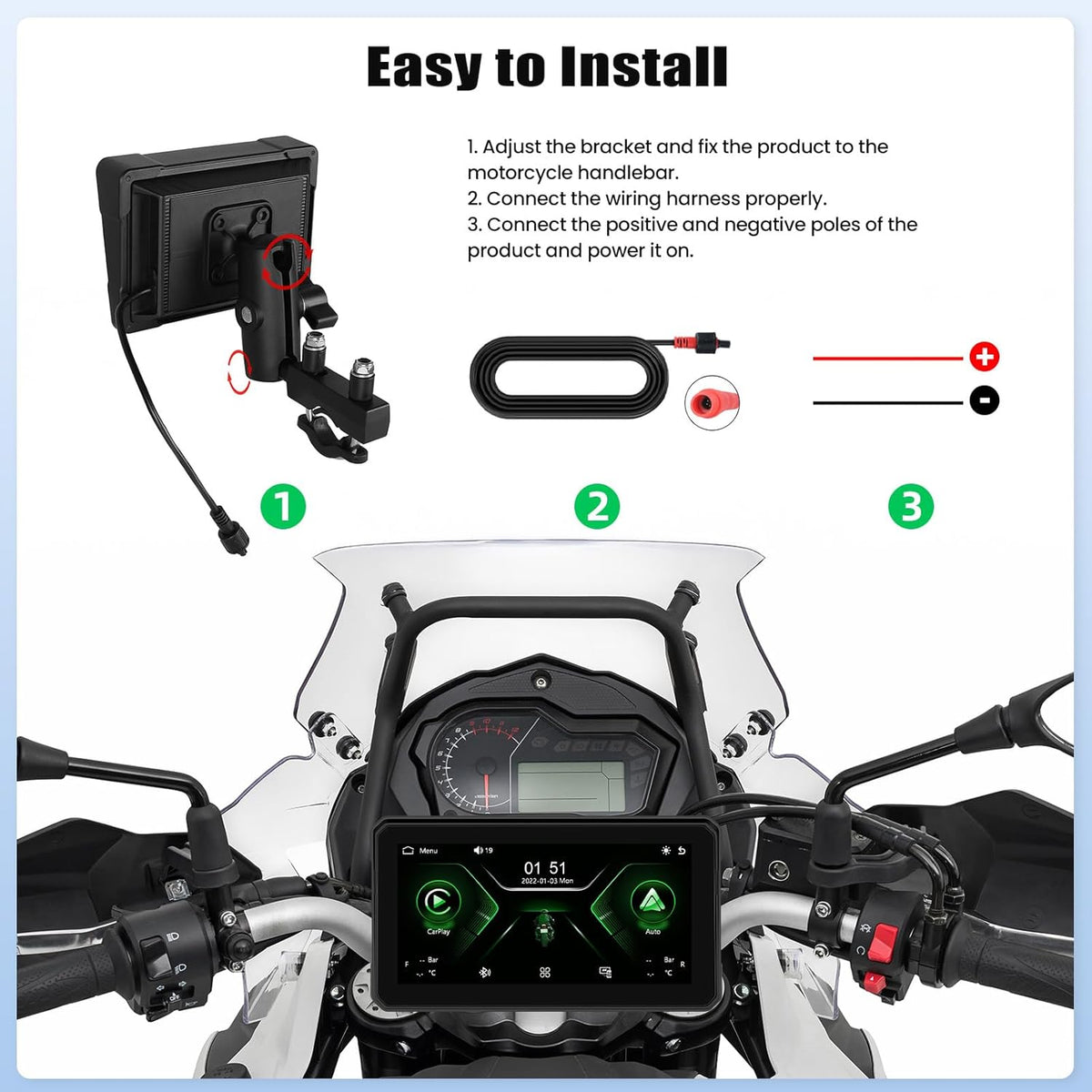 Portable Motorcycle Carplay Screen with Wireless CarPlay Android Car, 5 Inch IP67 Waterproof Motorcycle GPS CarPlay Screen Supports Bluetooth, Mirrorlink, EQ, TF Port, Siri