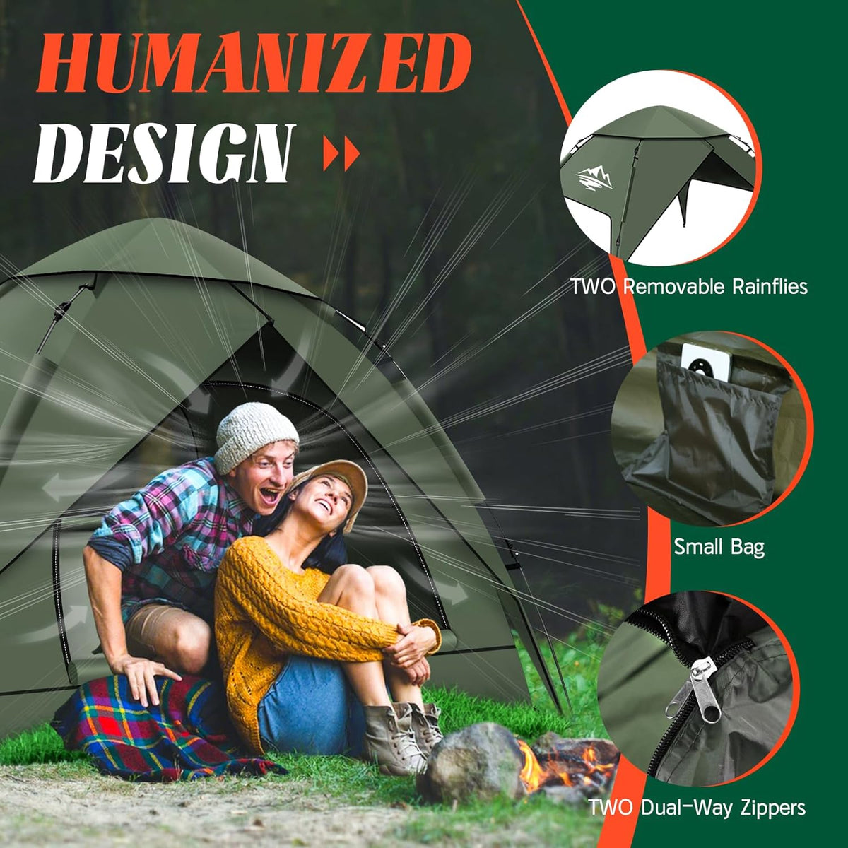 Purebox Campingtenten, Instant pop-up tent voor 2-3 personen, 2-in-1 dubbellaagse tenten, waterdichte en winddichte koepeltent met afneembaar buitentzeil, geschikt voor wandelen, buitenactiviteiten,