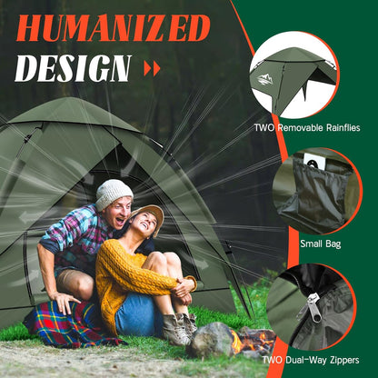 Purebox Campingtenten, Instant pop-up tent voor 2-3 personen, 2-in-1 dubbellaagse tenten, waterdichte en winddichte koepeltent met afneembaar buitentzeil, geschikt voor wandelen, buitenactiviteiten,