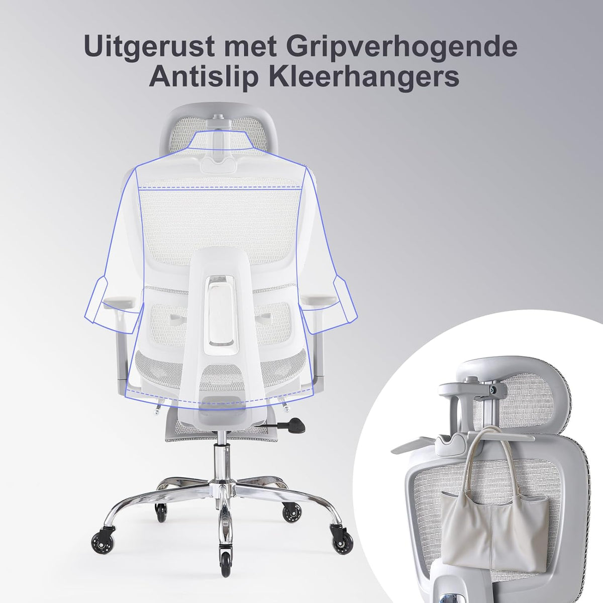 Ergonomische Bureaustoel met Voetensteun & Nekkussen - 5 Standen Verstelbare Rugleuning, 2D Lendensteun, 3D Armleuningen, 145° Kantelfunctie, Mesh Zitting voor Kantoor/Thuiswerk, Grijs