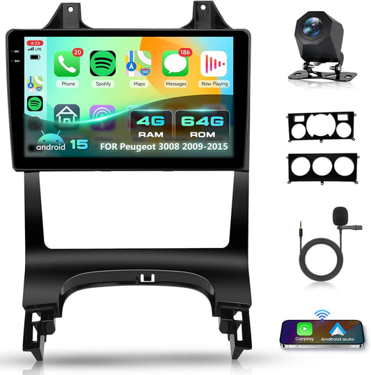 4+64G autoradio voor Peugeot 3008 2009-2015 Android 15 met 9'' In-Cell-scherm Ondersteuning voor Wireless Carplay en Android Auto Mirror Link Radio FM/RDS GPS WIFI Bluetooth achteruitrijcamera