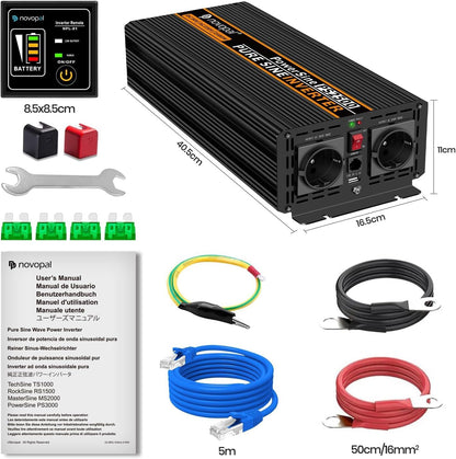 NOVOPAL 2500 W omvormer, zuivere sinus, DC 24 V naar AC 220 V/230 V, omvormer met lcd-display en afstandsbediening, piekvermogen 5000 W, spanningstransformator