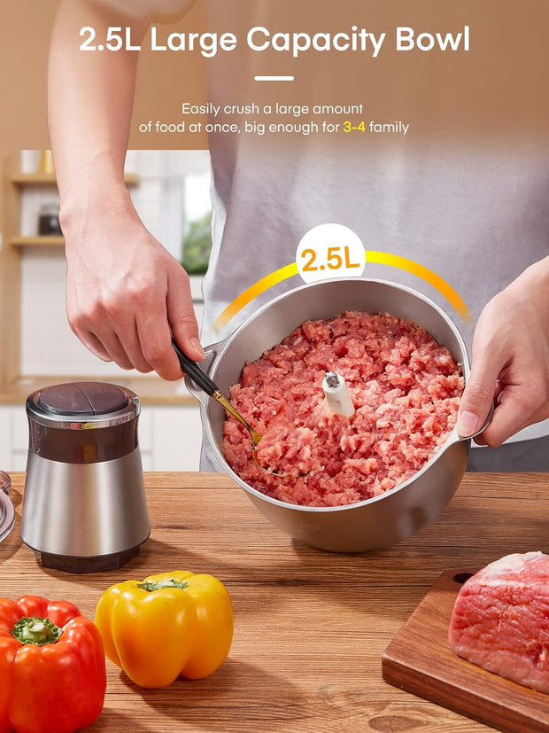 Hakmolen - Elektrische Hakmolen - Foodprocessor Multifunctionele - met 2 Snelheden - 2.5L RVS Kom - 4 RVS Messen - voor Vlees - Uien - Groenten - 350W - Zilver