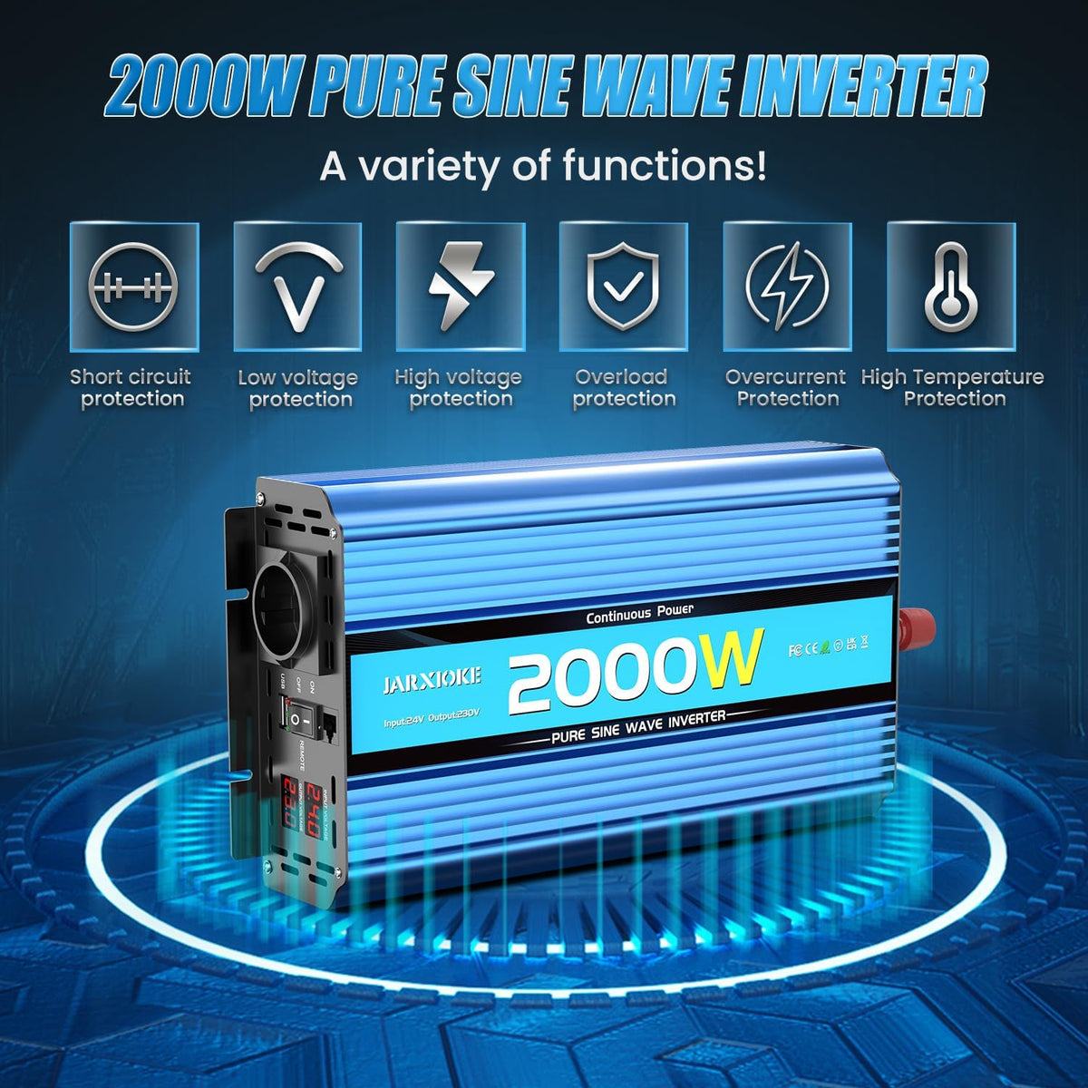 2000 W omvormer, 24 V naar 230 V, zuivere sinus, spanningsomvormer power inverter DC-omvormer met afstandsbediening, AC-stopcontacten, USB-poorten en beeldscherm, led voor camper