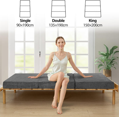 MAXYOYO Opvouwbare corduroy matras, drievoudig vloermatras 10 cm dik met wasbare hoes, opvouwbaar in drie, ruimtebesparend voor gasten (houtskool, eenpersoons)
